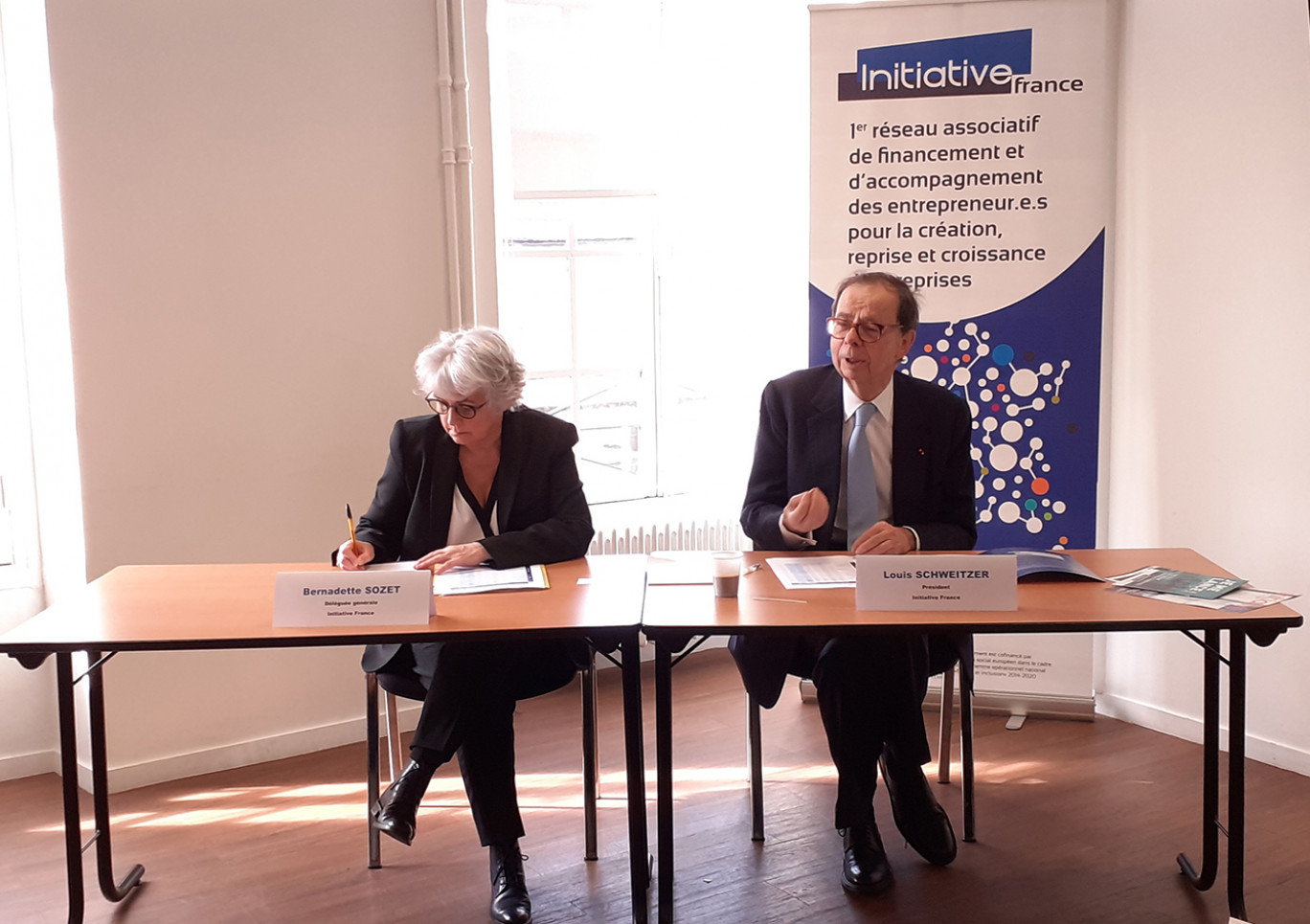 Le président d’Initiative France, Louis Schweitzer et Bernadette Sozet, déléguée générale. Crédit photo : Anne Daubrée.